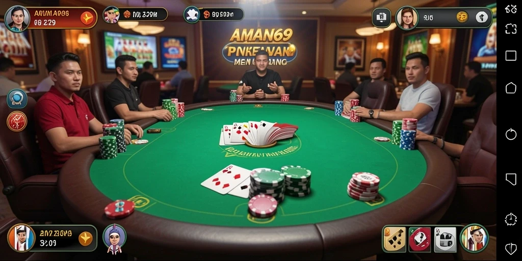 Screenshot AMAN69 menunjukkan pemain berkompetisi dalam permainan Poker yang intens.