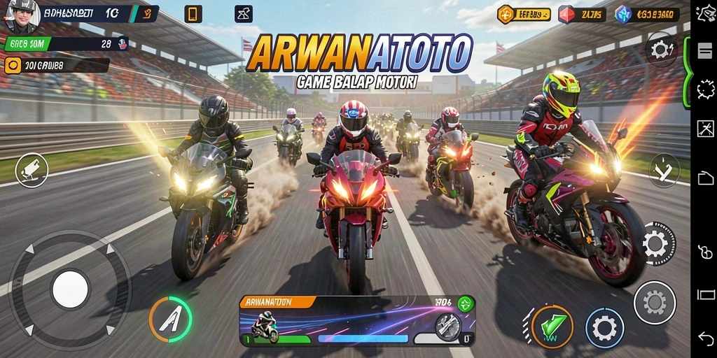 Tampilan gameplay ARWANATOTO dengan aksi balap motor yang mendebarkan.