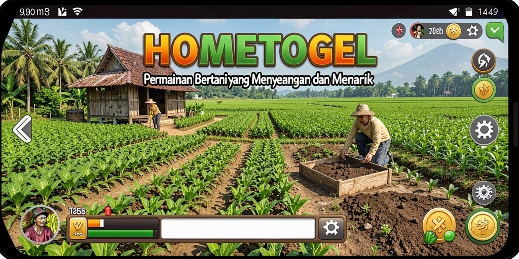 Tampilan gameplay HOMETOGEL yang memukau dengan aktivitas bertani.