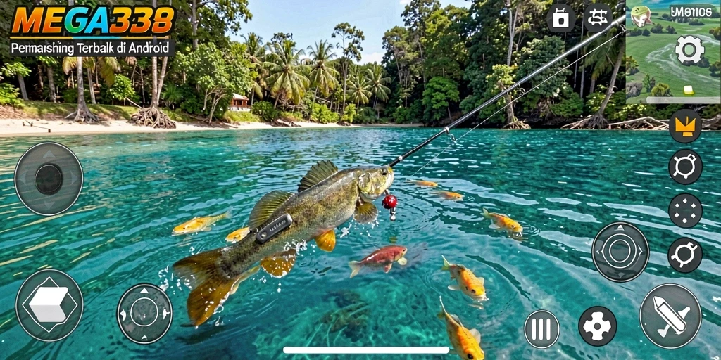 Tampilan gameplay MEGA338 yang menampilkan momen menangkap ikan.