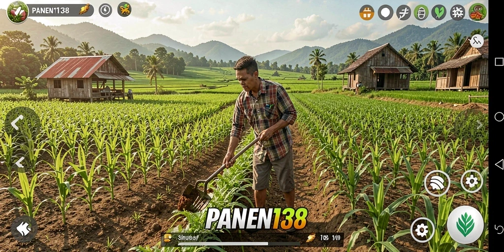 Screenshot gameplay PANEN138 yang menampilkan aktivitas bertani.