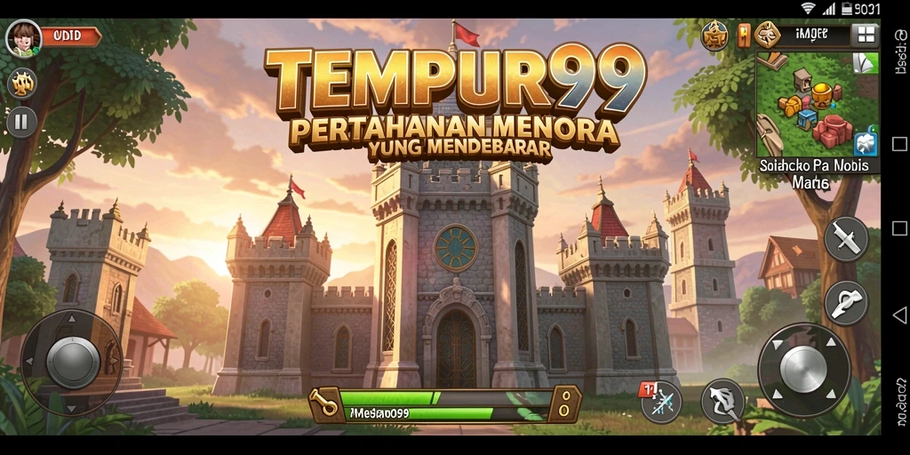 Screenshot dari gameplay TEMPUR99 menampilkan pertahanan menara yang strategis.